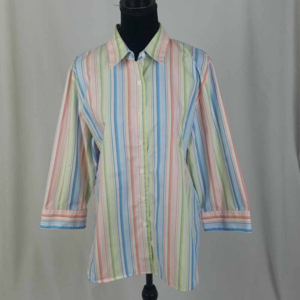 Foxcroft women 16 wrinkle free long sleeve blouse striped preppy Academia career